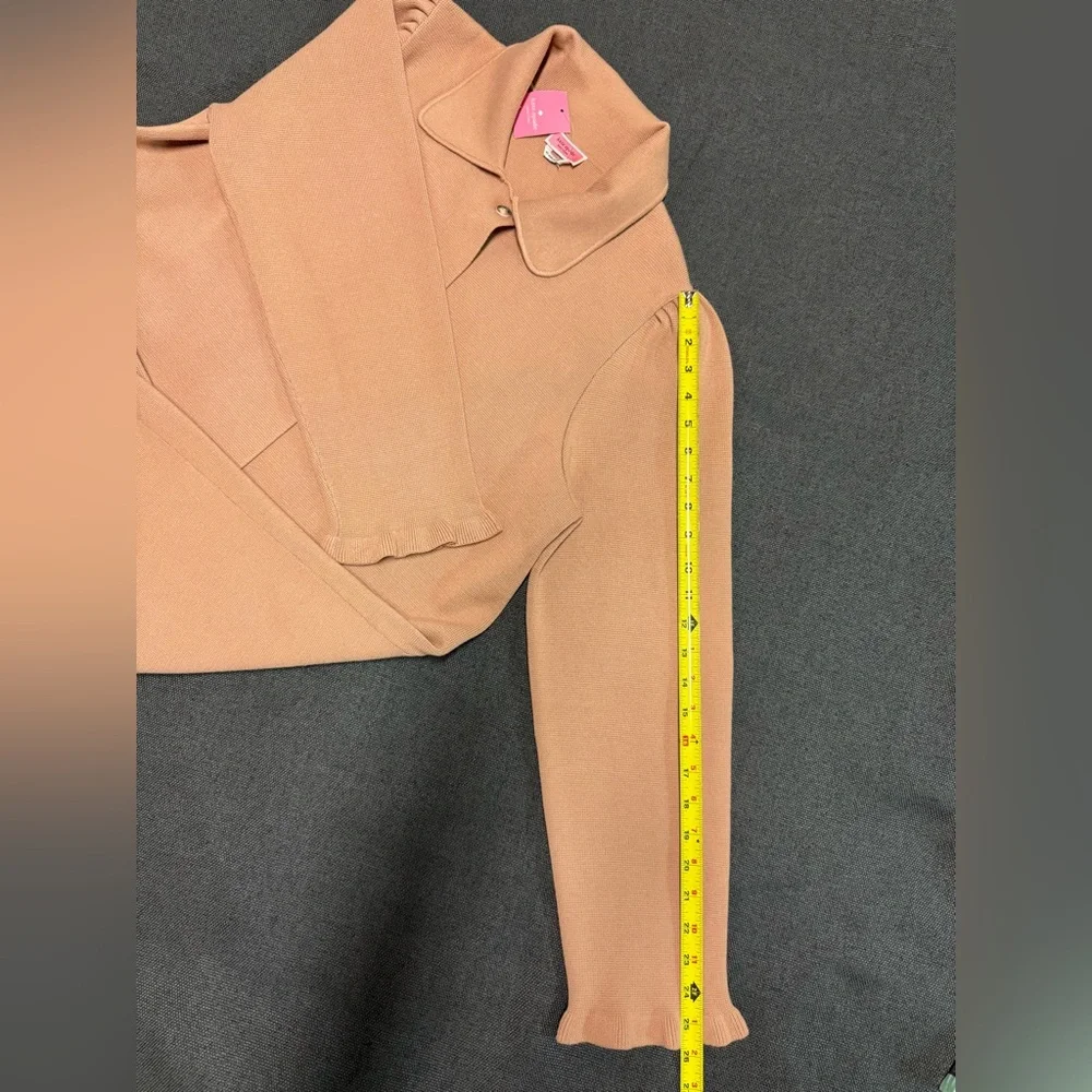 NWT Kate Spade Ruffle Sweater Knit Cardigan Blazer, Light Fawn XL Preppy